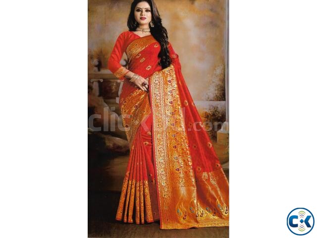 Indian Embroidery Work Silk Katan Saree Red Orange with Go large image 0