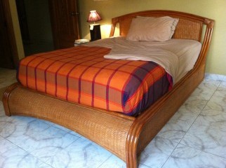 Queen-sized Cane Bed with brown laquer stain and Mattress