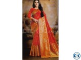 Indian Embroidery Work Silk Katan Saree Red Orange with Go