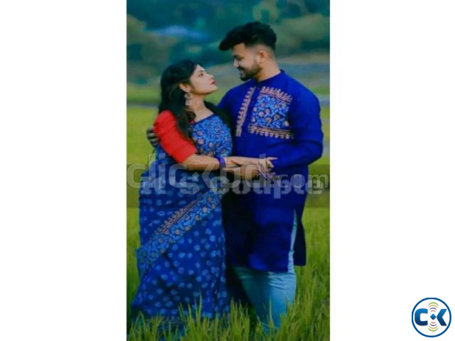 Block Printed Dhupian Silk Panjabi Saree Couple Set large image 1