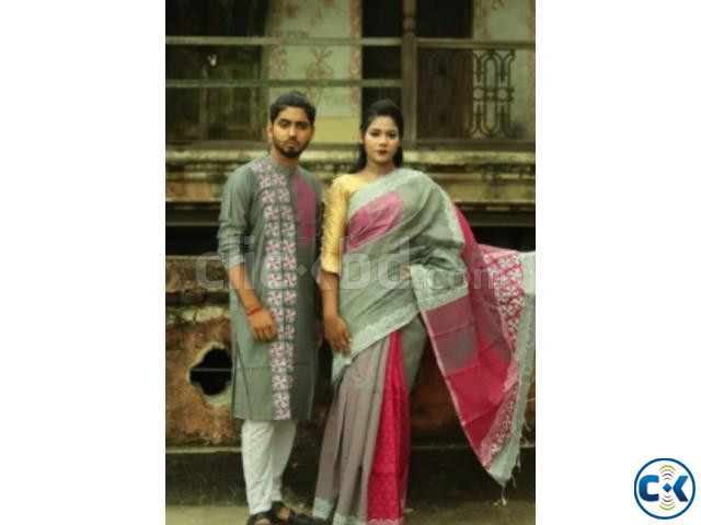 Block Printed Dhupian Silk Panjabi Saree Couple Set large image 2