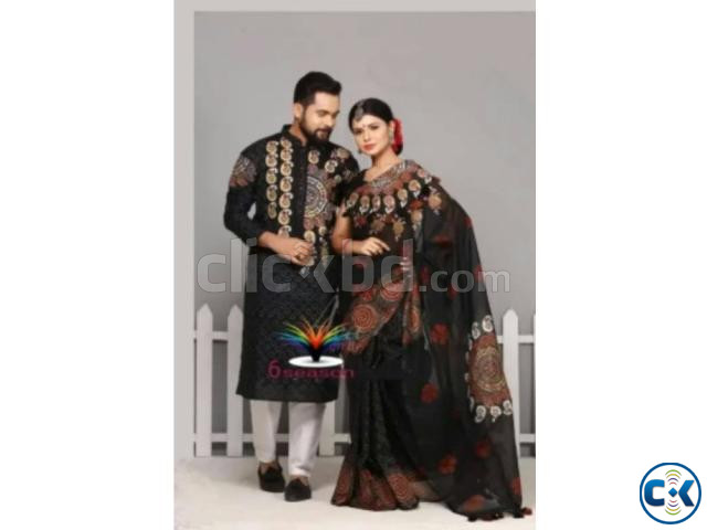 Block Printed Dhupian Silk Panjabi Saree Couple Set large image 3